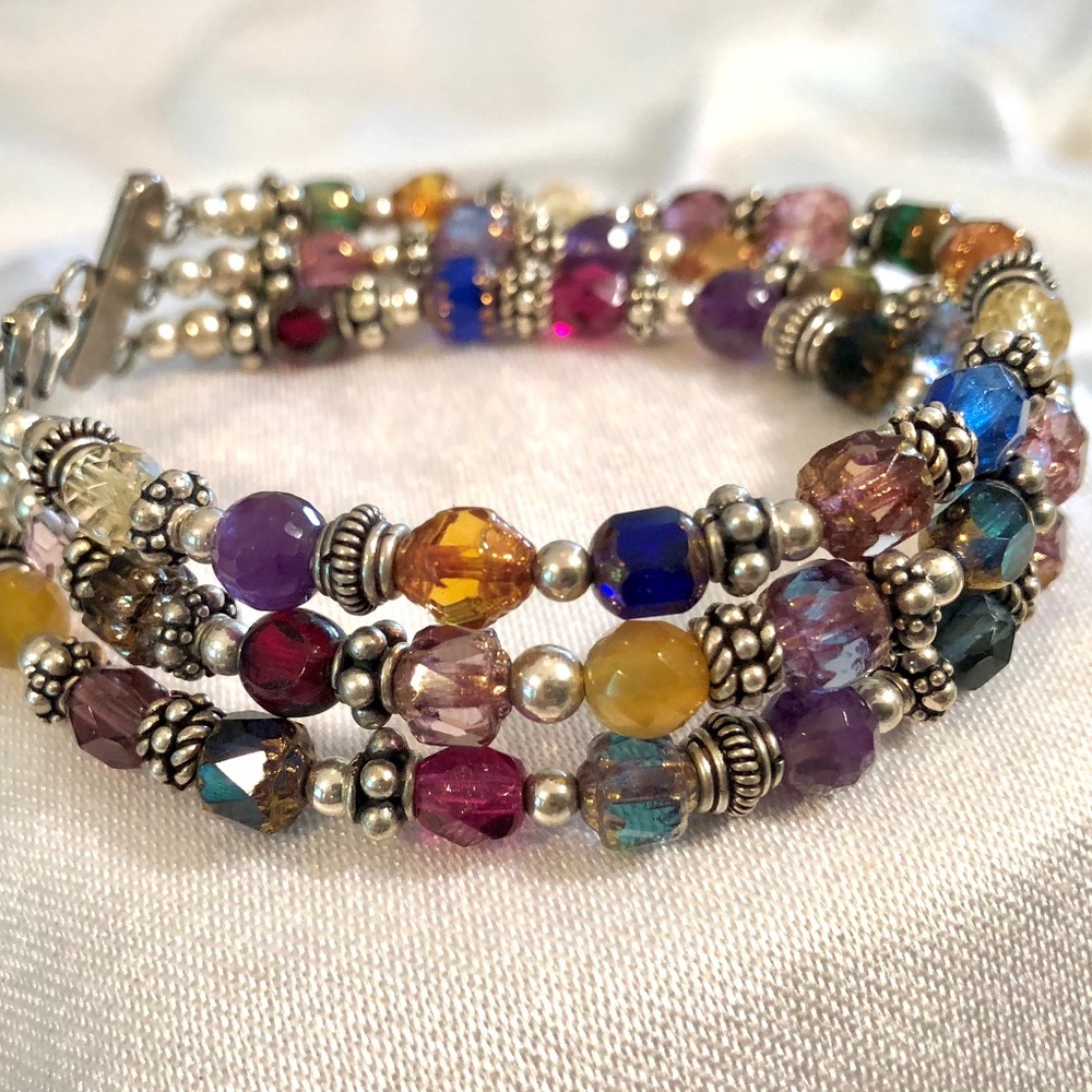 Handmade 3-Strand Multi Color Glass Bracelet